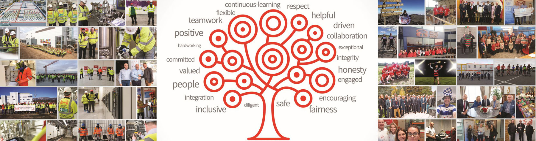 A collage of images showing various team activities and workers, centered around a graphic tree