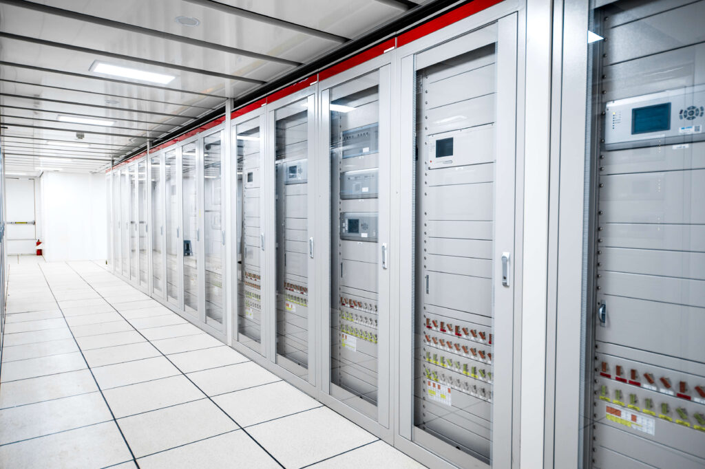 A modern server room with rows of data cabinets