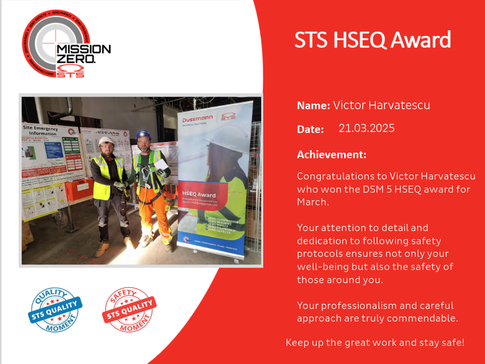 This image is an award announcement from STS Group, presented in a visually engaging layout. The left side features a photo of a person in construction safety gear receiving an award, accompanied by colleagues, in front of a banner displaying company branding. The right side of the image has a bold red background with white text highlighting the award details, including the recipient’s name, the date, and a message recognizing their high-quality work and professionalism. Logos related to safety and quality are also included at the bottom.