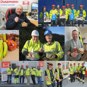 A collage of photos celebrating National Workplace Wellbeing Day organized by Dussmann Technical Solutions and STS Group. The collage includes a group of smiling people posing by the ocean, yoga mats arranged indoors for a wellness activity, a box of assorted pastries, a branded Dussmann van parked by a coastal scene, pamphlets or flyers labeled “Team,” and a sign for “Two Brothers Coffee Company.” The center of the collage features the National Workplace Wellbeing Day logo with colorful icons representing health, fitness, and communication.